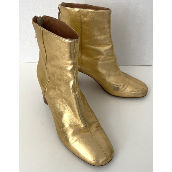Sandro Sacha Ankle Boot Gold Leather Block Heel Round Toe Back Zip 40 9.5 - Picture 3 of 12